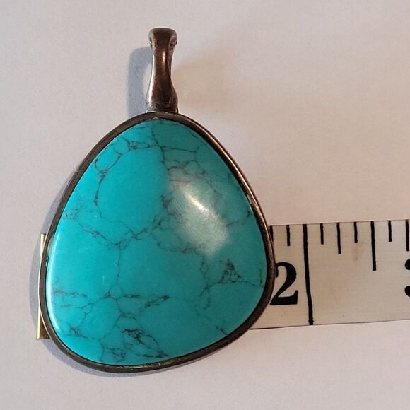 Vintage Brass Tone Cabochon Enhancer Imitation Turquoise Pendant Southwestern - Picture 7 of 8